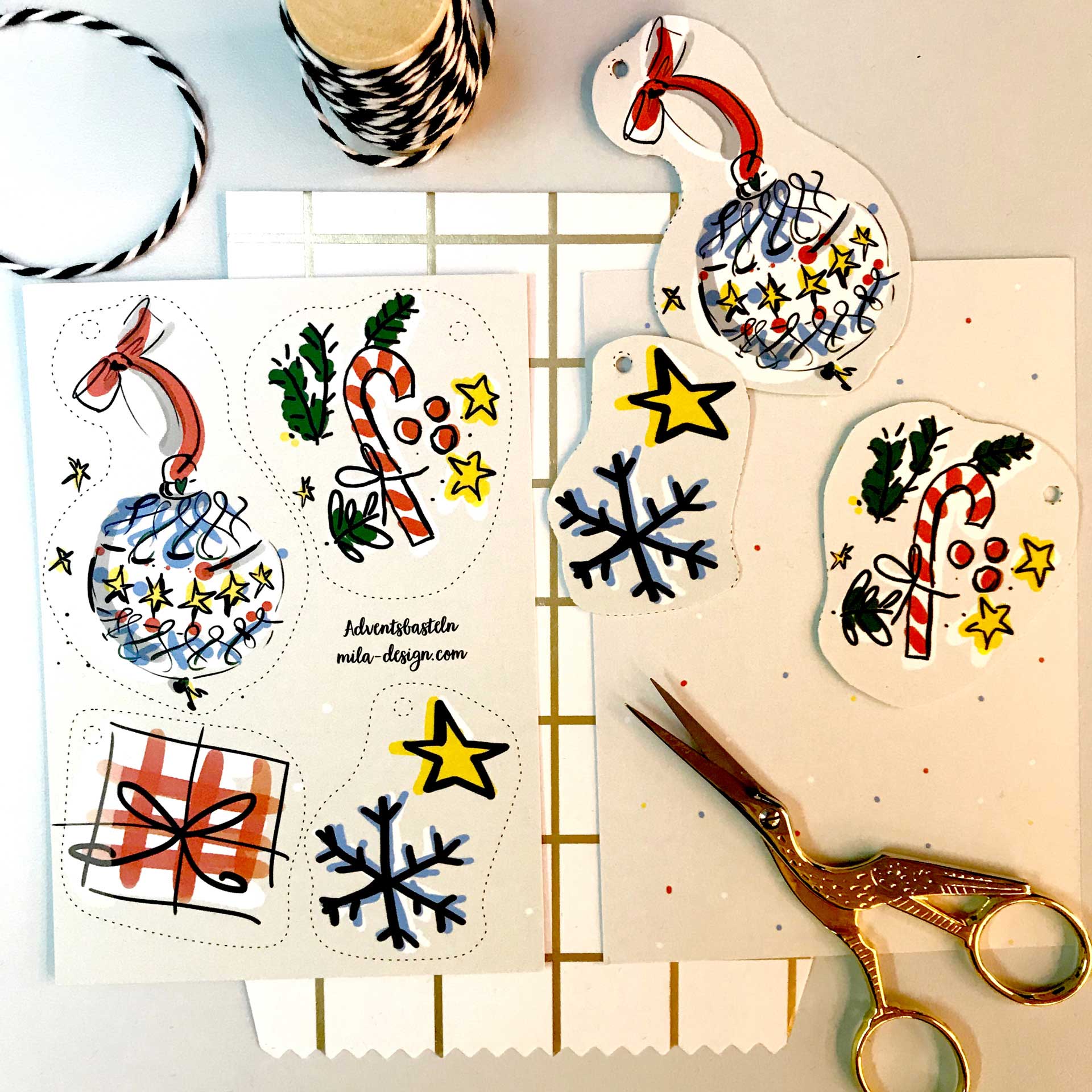 Bastel-Bogen - Schneeflocke Geschenk, Weihnachtskugel und Zuckerstange