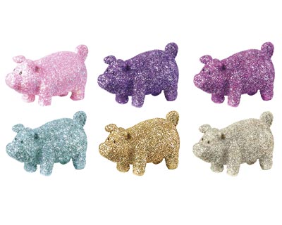 Figur Set - Glitter Schwein XXS mit Stick, 6- fach sortiert