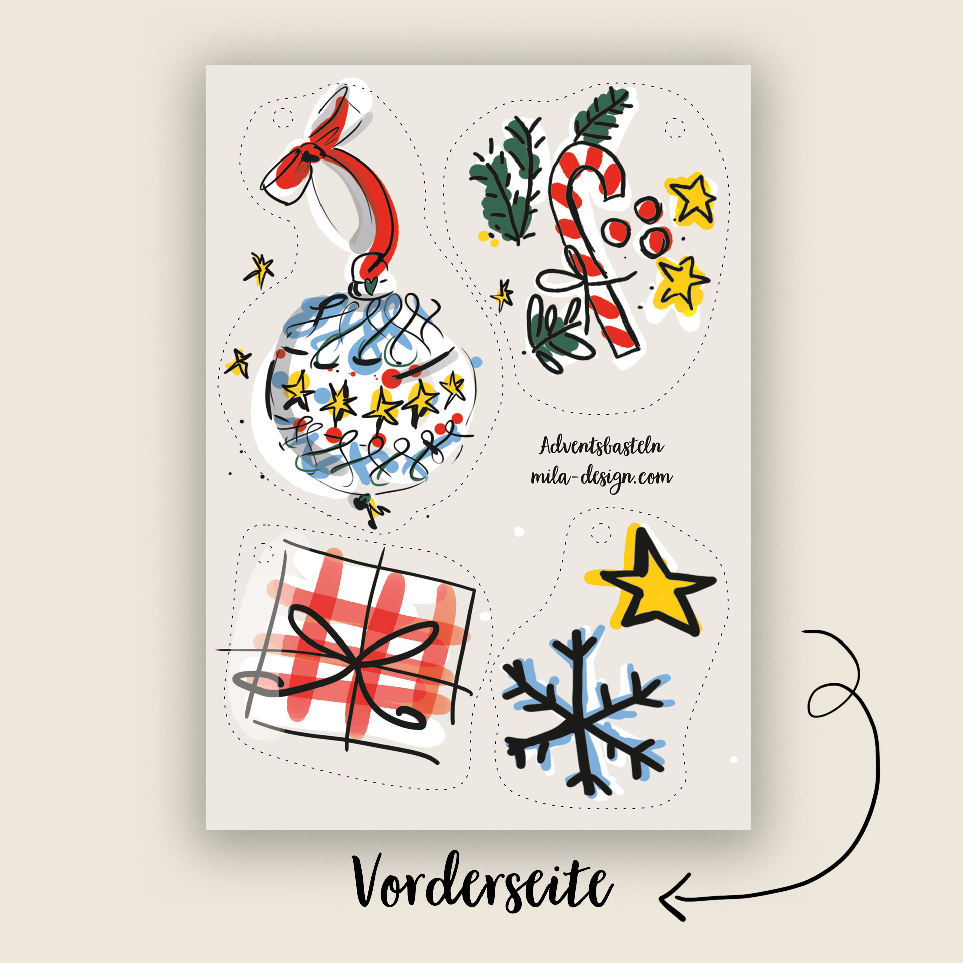 Bastel-Bogen - Schneeflocke Geschenk, Weihnachtskugel und Zuckerstange