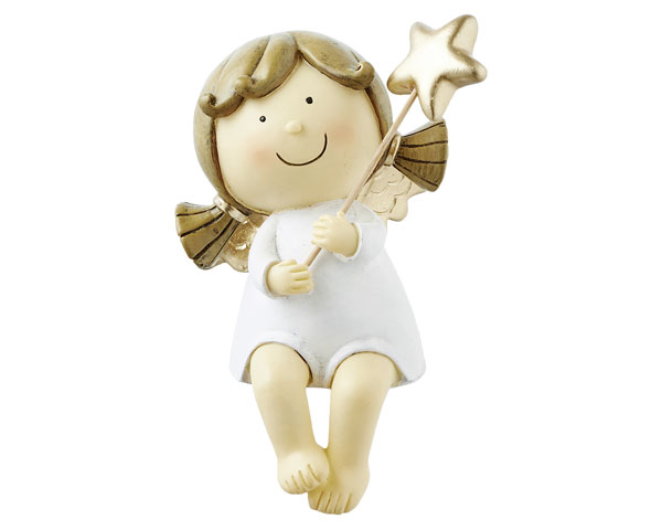 Resin Figur - Kantensitzer  Engel Sophia mit Stab, weiß 14,5 cm