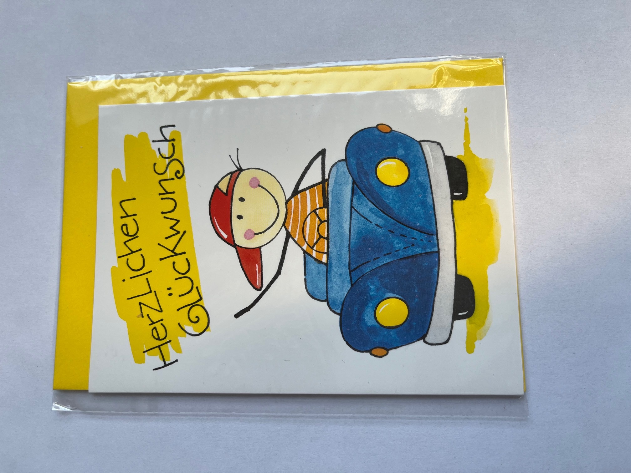 Grußkarte mit Umschlag - Herzlichen Glückwunsch Junge im Auto